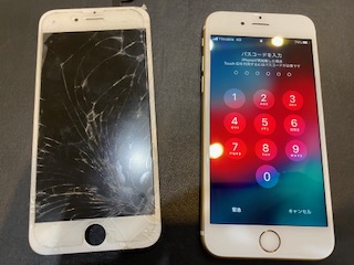 川西市よりお越しのお客様　落下で液晶が半分真っ暗　タッチきかない　　iPhone７ガラス液晶損傷　パネル交換